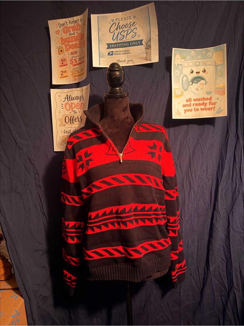 Chaps Red and Black Geometric Cowl Sweater